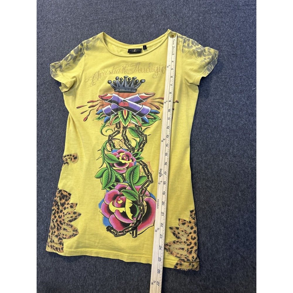 Christian Audigier Y2K Graphic Tee Leopard Crown Wings Yellow Top M Tattoo Art - Picture 12 of 16